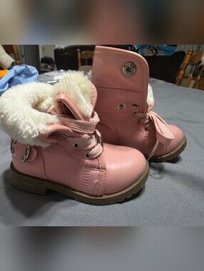 bebe Pink Faux-Fur Cuffed Lace-Up Ankle Boots